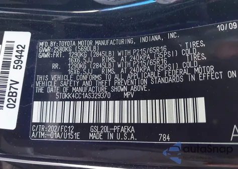 2010 Toyota Sienna Le from USA, damaged, VIN 5TDKK4CC1AS329370